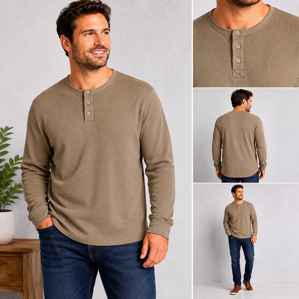American Tall Waffle Knit Henley Shirt 2XL Tall Tan Long Sleeve Cotton Thermal